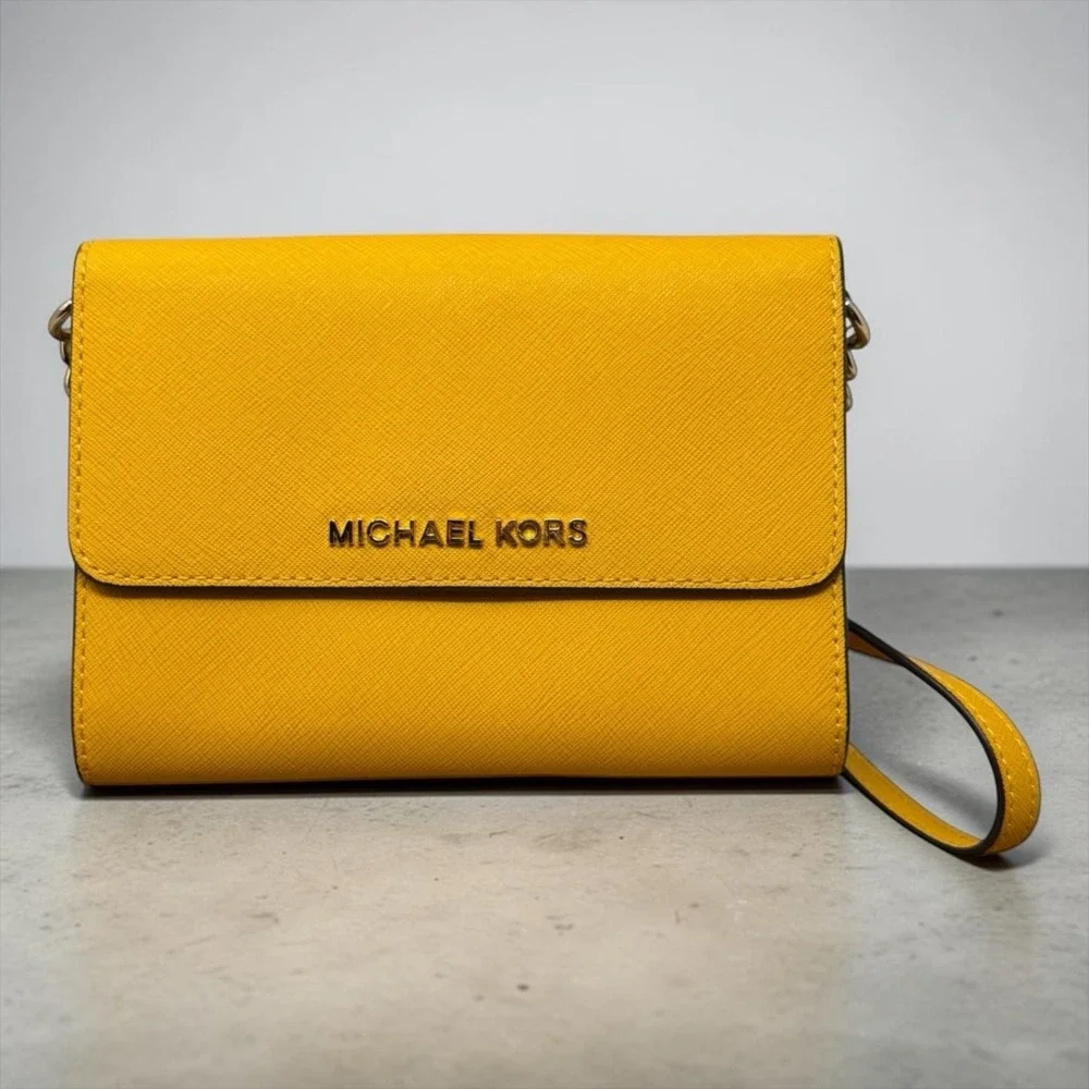 Michael Kors Crossbody Bag Womens Small Yellow Saffiano Leather Wallet Purse
